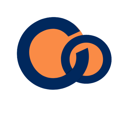Logomarca com as letras C e O encaixadas nas cores azul e laranja